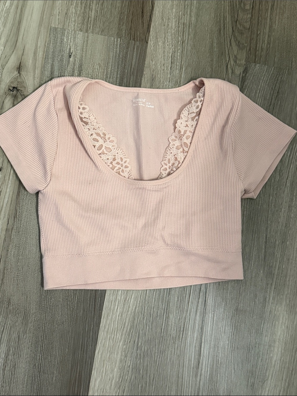 aerie Blush Pink Lace-Trim Ribbed Scoop Crop Top sz Small